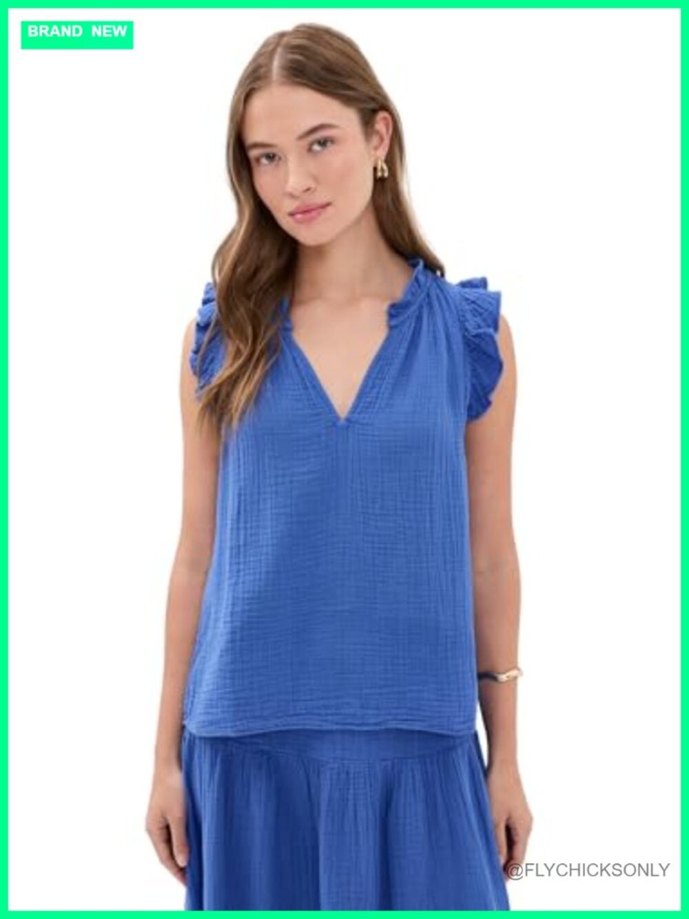 Women's Sleeveless V-Neck Ruffle Trim Gauze Top Relaxed Fit Pullover